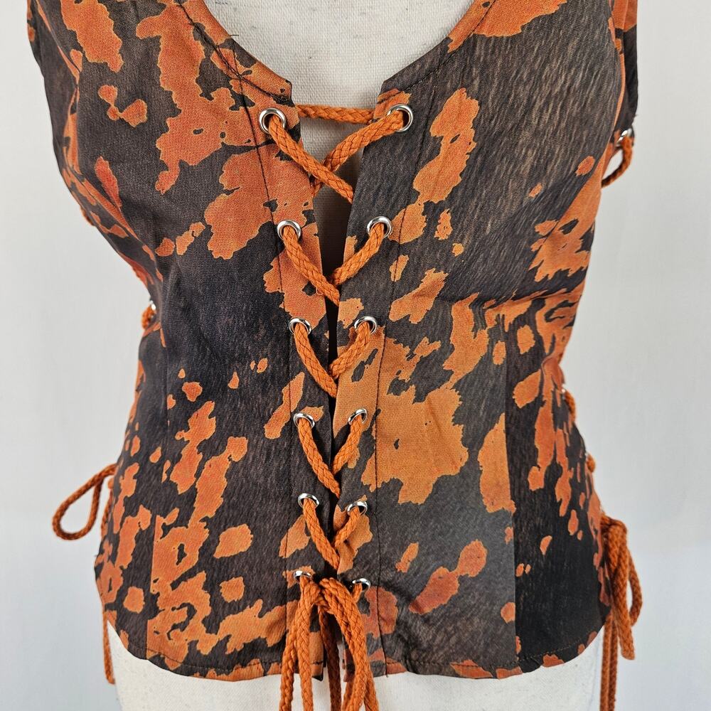 PrettyLittleThing Brown Black Cow Print Woven Scoop Neck Lace Up Cropped Top 12 - Picture 9 of 16